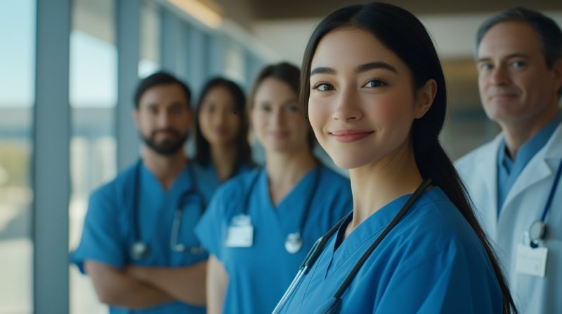 Group of professional doctors standing confidently in hospital corridor, showcasing teamwork, confidence, and medical expertise.