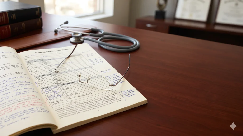 A high-end legal workspace (mahogany or glass desk) showing a medical chronology report with handwritten notes and a pair of professional reading glasses. A subtle medical element, like a modern stethoscope, rests nearby.