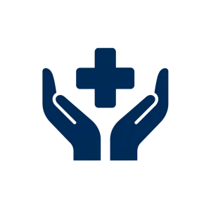 Icon of supportive hands shielding a medical cross representing geriatric care and elder support