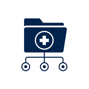 Icon of an organized medical folder connected to data nodes representing healthcare case management