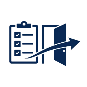 Icon of a clinical checklist with an outward arrow representing patient discharge planning