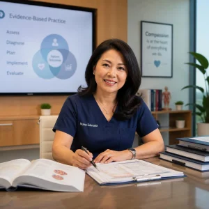 An experienced Asian legal nurse consultant in navy scrubs analyzing complex medical records and case files at a modern professional desk An experienced Asian legal nurse consultant in navy scrubs analyzing complex medical records and case files at a modern professional desk