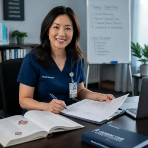 An Asian female nurse in professional navy blue scrubs sitting at a desk, carefully reading and reviewing a stack of medical documents with a stethoscope resting nearby. An Asian female nurse in professional navy blue scrubs sitting at a desk, carefully reading and reviewing a stack of medical documents with a stethoscope resting nearby.