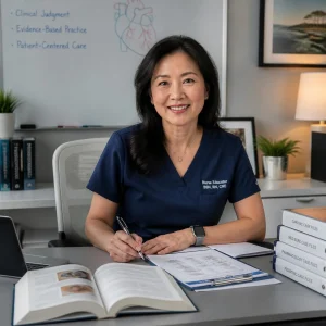 A dedicated Asian healthcare professional in navy scrubs reviewing clinical charts in a corporate office, representing decades of nursing education and medical-legal expertise. A dedicated Asian healthcare professional in navy scrubs reviewing clinical charts in a corporate office, representing decades of nursing education and medical-legal expertise.