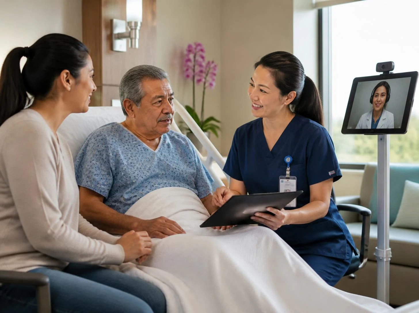 A registered nurse reviewing discharge instructions with an older patient and caregiver, with a qualified medical interpreter visibly participating via video remote interpretation on a tablet