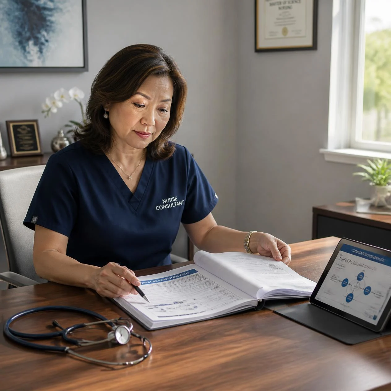 An experienced registered nurse consultant reviewing clinical documentation, orthopedic records, and transition-of-care plans in a modern office.