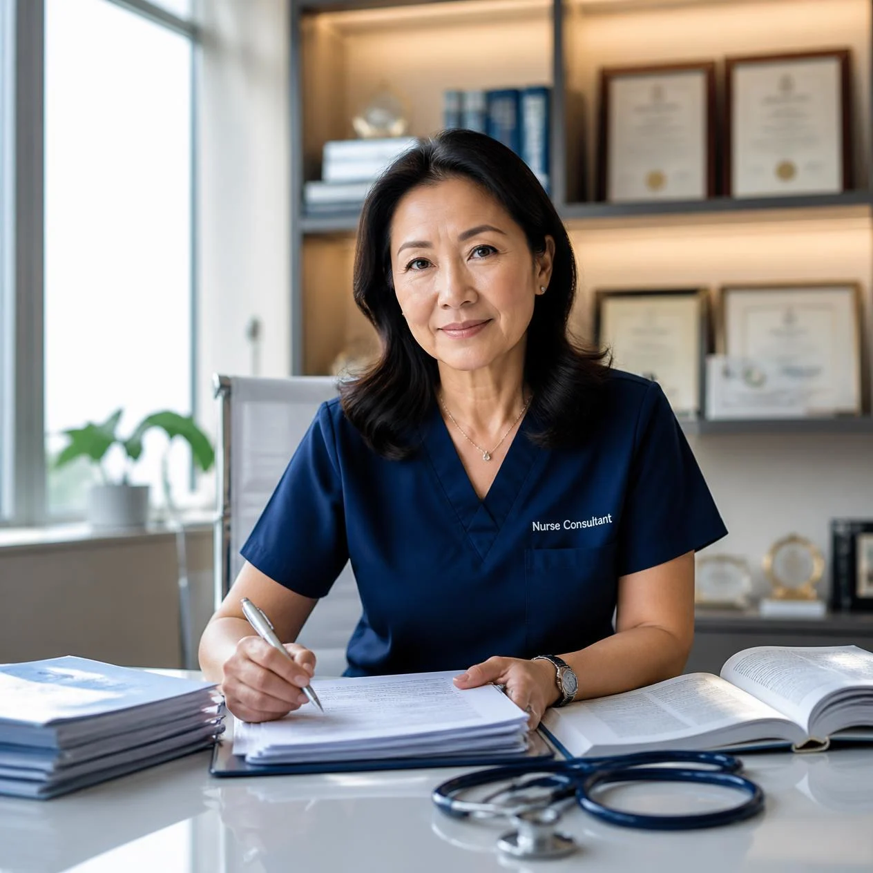 An experienced Asian nurse consultant in navy scrubs analyzing medical records at a professional desk, representing clinical teaching and legal healthcare expertise An experienced Asian nurse consultant in navy scrubs analyzing medical records at a professional desk, representing clinical teaching and legal healthcare expertise