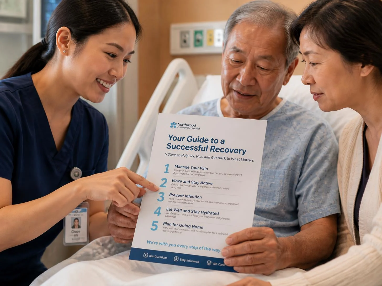 A nurse pointing to a specific step on the 5 Steps to Stay Safe at Home discharge guide while reviewing it with a patient at the hospital bedside