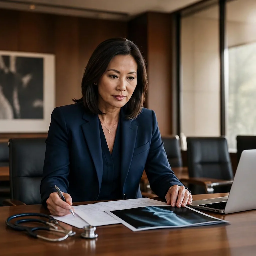 An experienced legal nurse consultant analyzing orthopedic records and clinical documentation in a professional boardroom