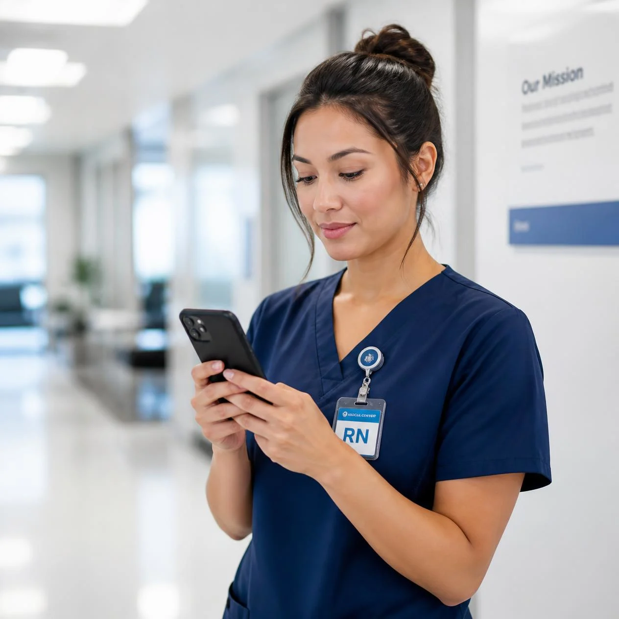 Nurse using mobile device Registered nurse accessing discharge education on a mobile phone