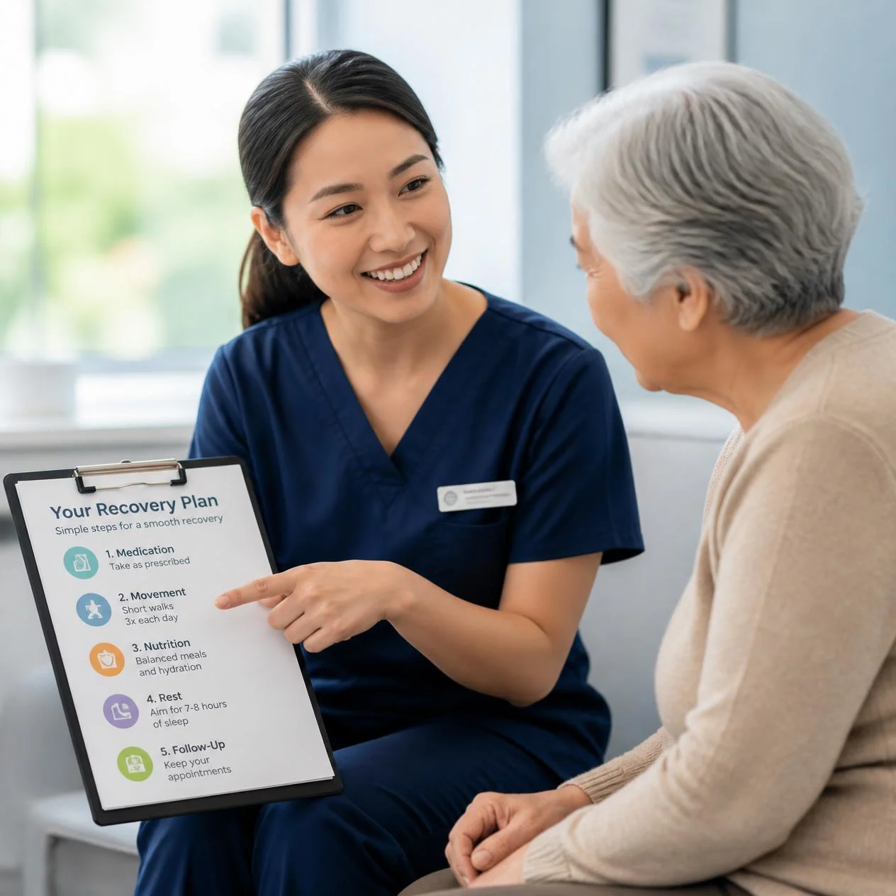 A compassionate Asian nurse in navy blue scrubs pointing to a simple, plain-language discharge guide on a clipboard while speaking with an engaged elderly patient in a modern hospital room.