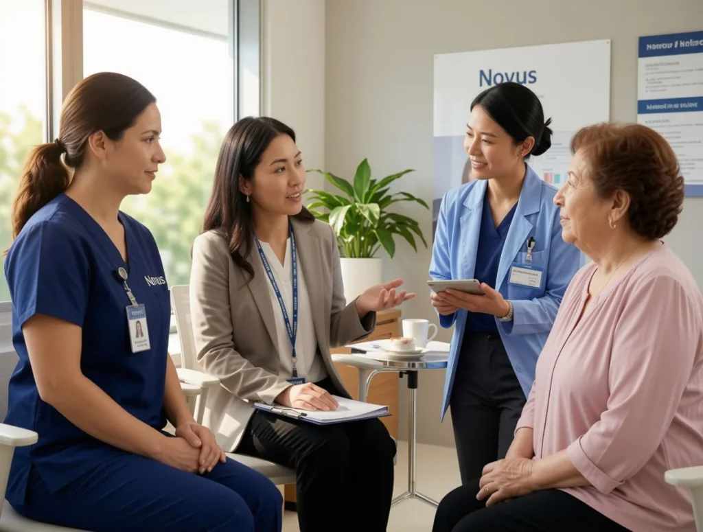 A professional medical interpreter facilitating clear communication between a nurse and an elderly Hispanic patient in a modern clinic