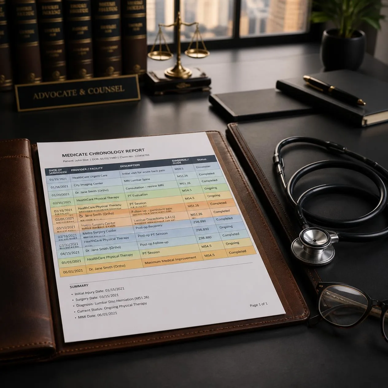 A modern professional desk showing a stethoscope, reading glasses, and organized medical records, representing expert legal nurse consulting and medical chronology services.