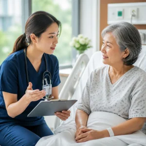 A compassionate nurse providing clear hospital discharge education to an elderly patient.