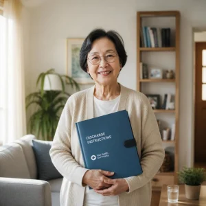 An elderly patient safely transitioning home with confidence, holding their structured discharge instructions