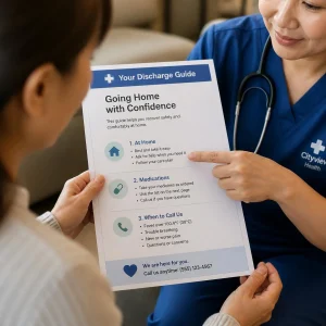 A nurse and family caregiver collaboratively reviewing a plain-language patient safety guide