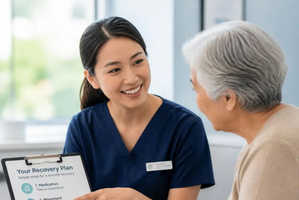 A compassionate Asian nurse in navy blue scrubs pointing to a simple, plain-language discharge guide on a clipboard while speaking with an engaged elderly patient in a modern hospital room