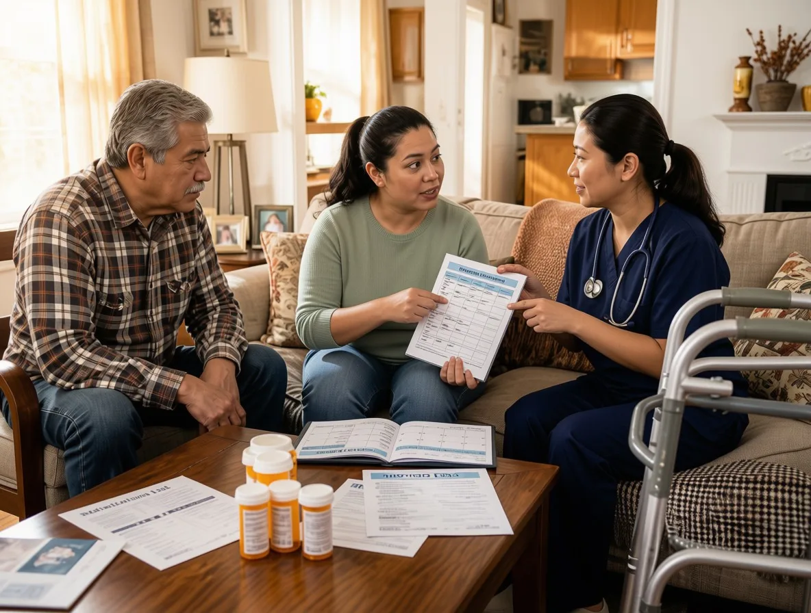 A nurse conducting a home discharge review in a living room, where a patient and caregiver are explaining med instructions and fall prevention plans back to the nurse using the teach-back method